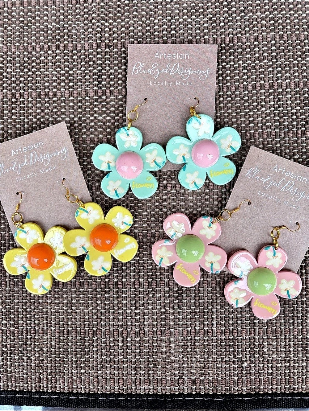 Blue Eyed Designing Hand-Painted Flower Earrings in Blue & Pink 3 pairs new